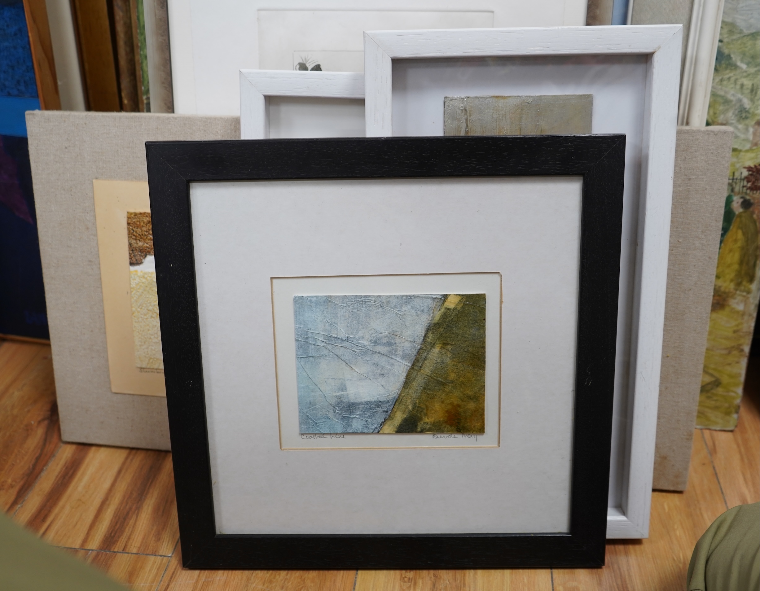 Brenda May (Modern British), a collection of three collages to include ‘On the Edge of Memory’, each signed and a collagraph print titled ‘Coastal Line, signed in pencil, largest 21 x 49cm